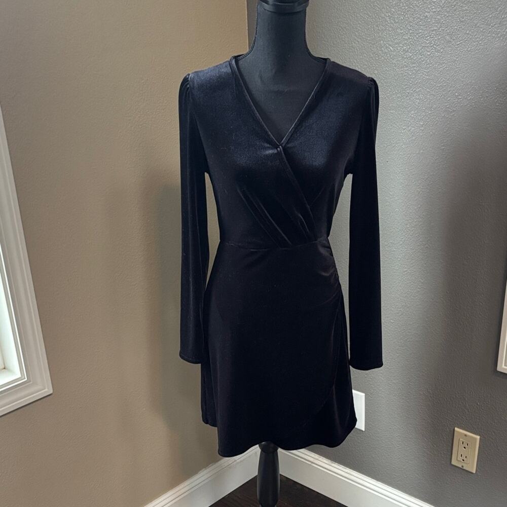 Mango Black Velvet Long-Sleeve Faux Wrap Dress